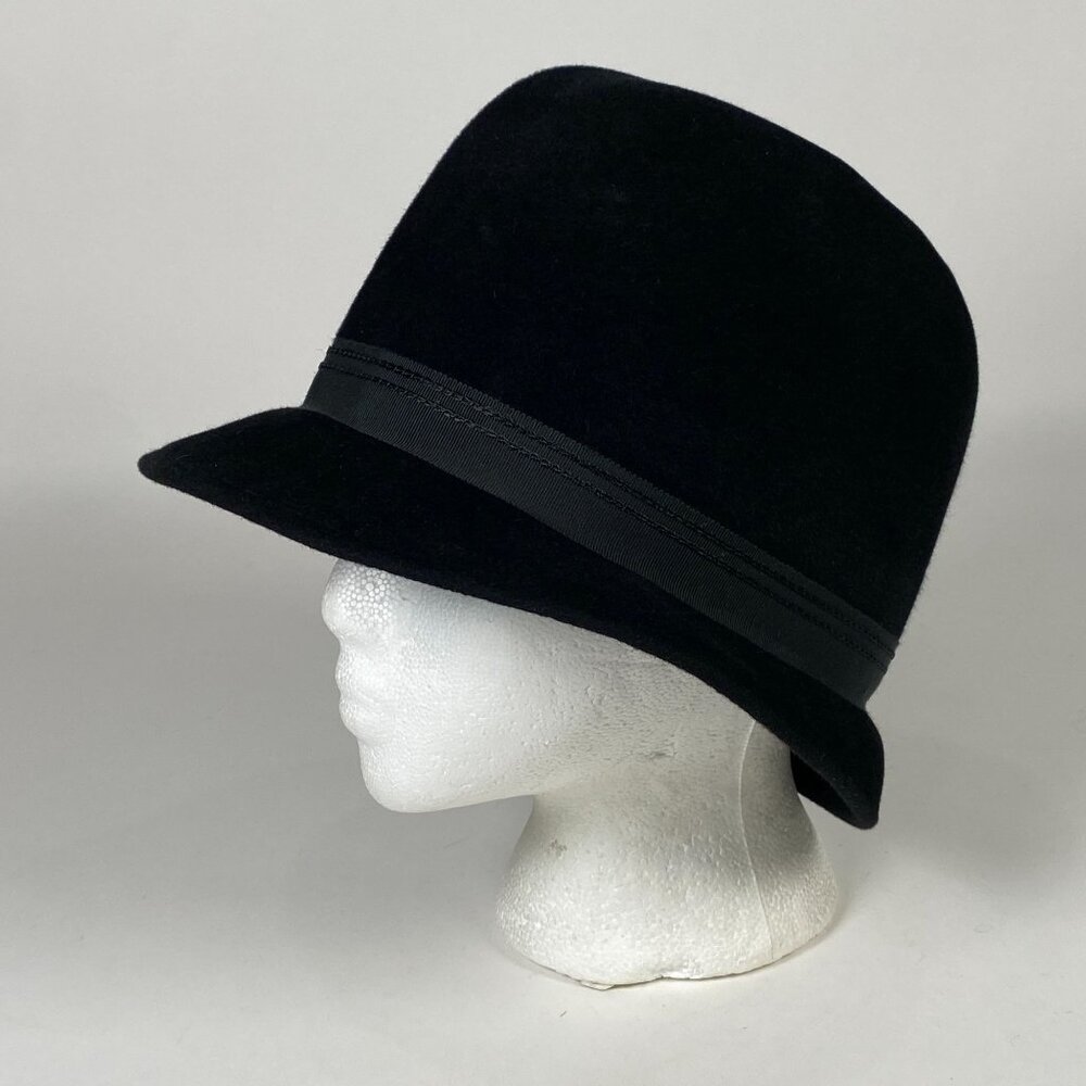 Vintage Peachbloom Velour Merrimac Fur Felt Black Cloche Hat Ribbon Accent